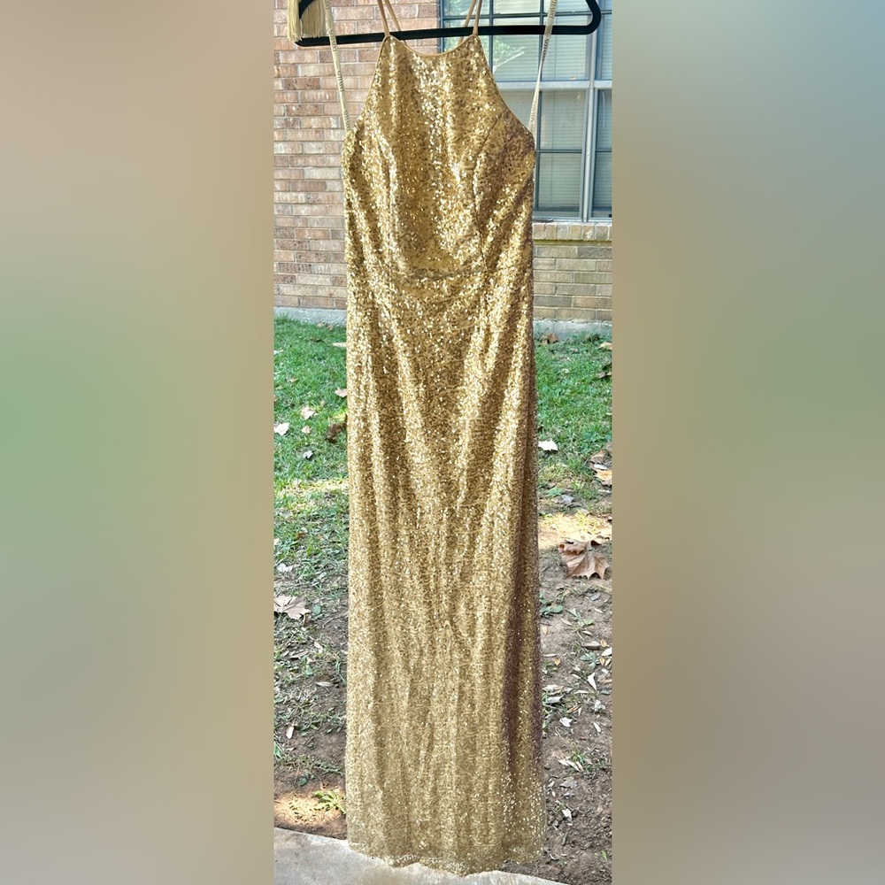 David's Bridal Gold Sequin Gown